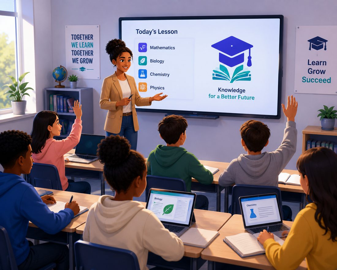 Teacher presenting subjects on a smartboard to the class