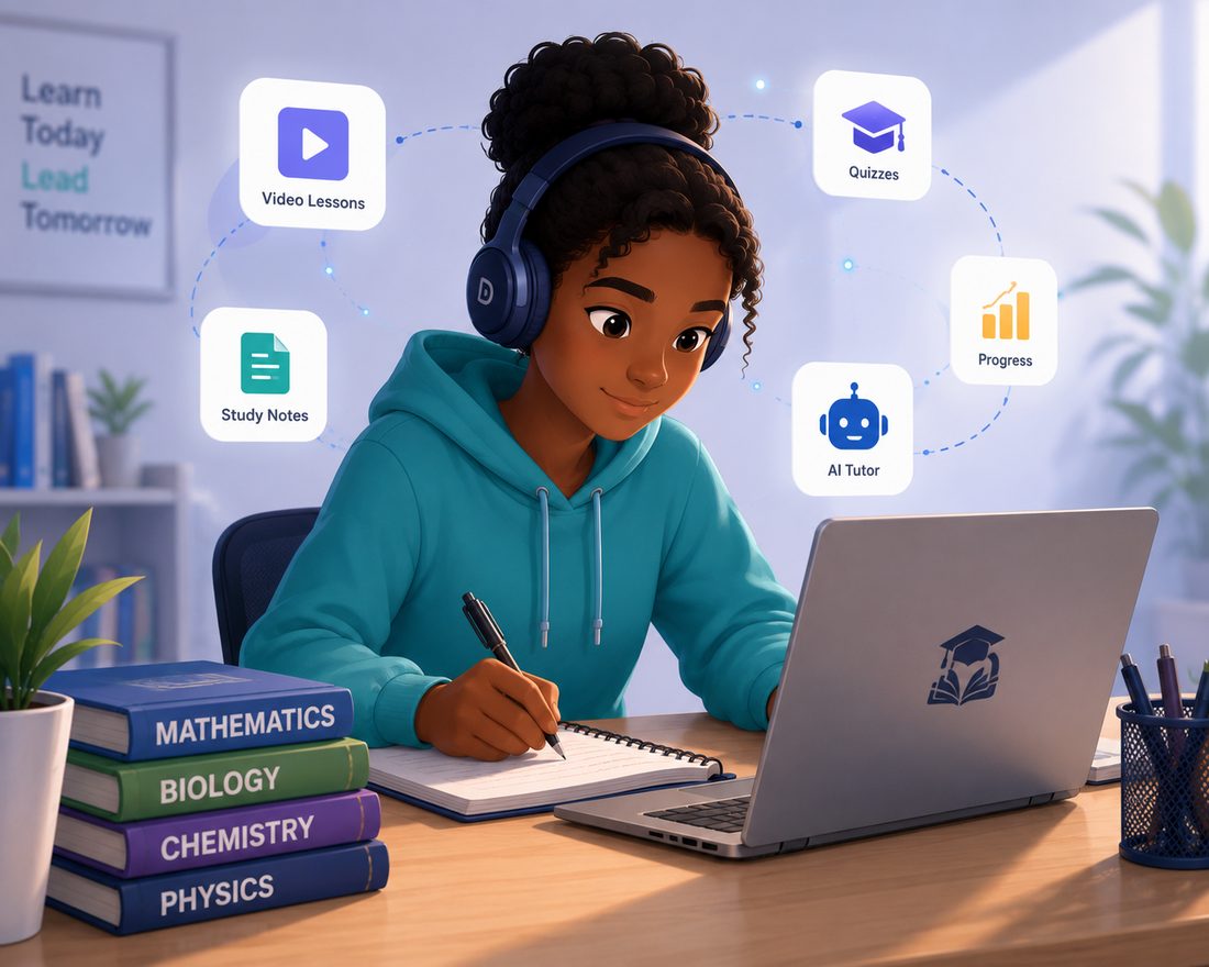Student studying with headphones and a laptop