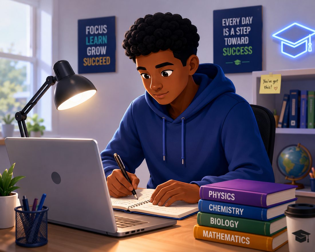 Student writing notes while studying at a desk