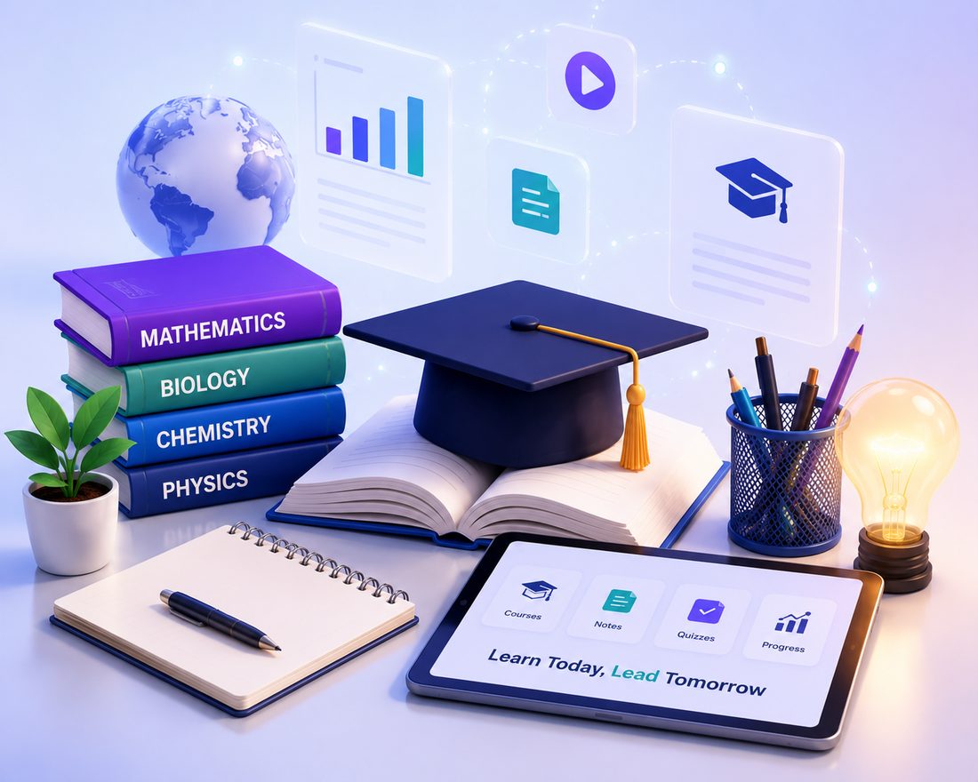 Desk with a tablet showing courses, notes, quizzes and progress